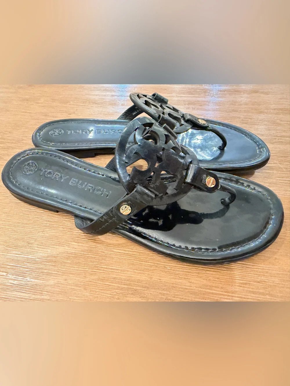 Tory Burch Black Patent Logo Thong Sandals with Gold Accents